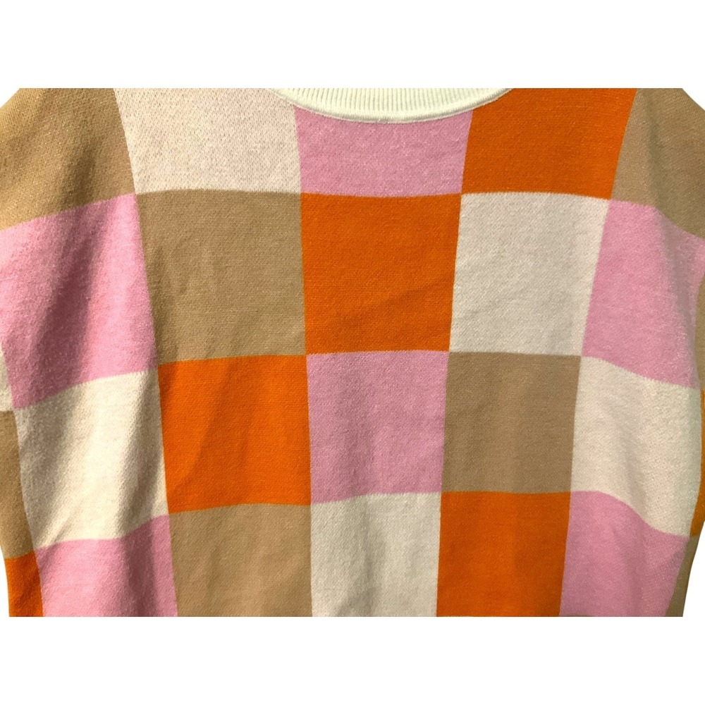 Womens Multi Color Checkerboard Knit Top Short Sleeve Viscose Sweater XL Retro - Picture 4 of 6
